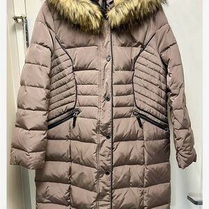 BRAND NEW Faux Fur-Trimmed Puffer Coat, Taupe, Sz L